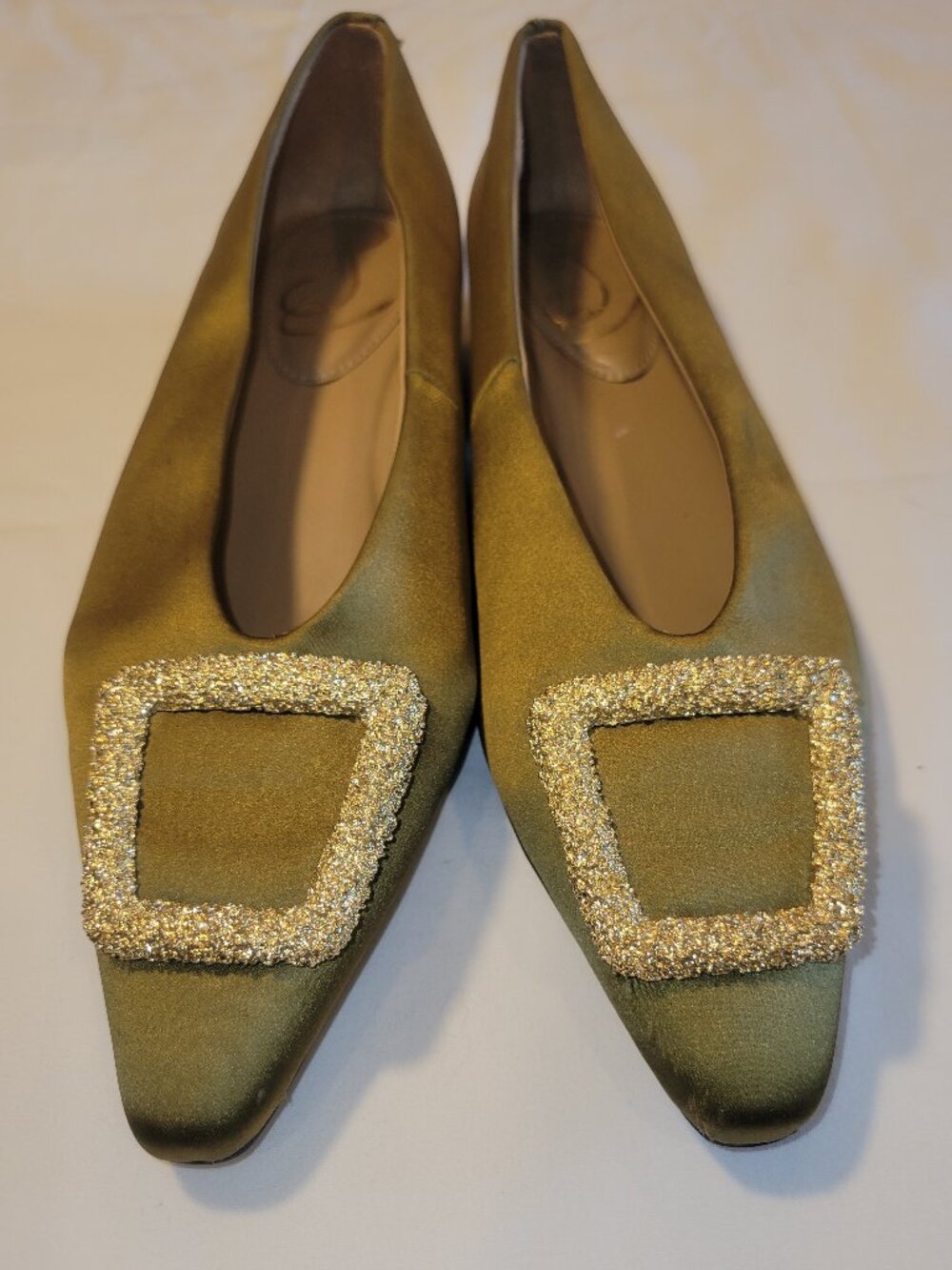 Sam Edelman Olive Satin Pointed Toe Flats Crystal Buckle Women's Size 7 - Picture 3 of 12